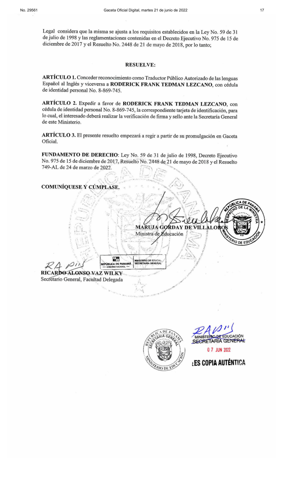 Página 17 de la Gaceta Oficial N.º 29561 del 21 de junio de 2022, continuación del Resuelto N.º 1370-TPA.