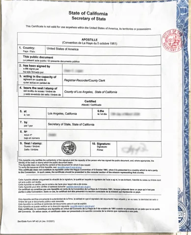 Apostilla de California anonimizada, página 1.