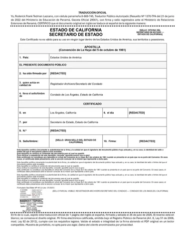 Traducción al español de apostilla de California, página 1.