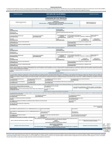 Traducción al español de certificado de matrimonio de California, página 1.