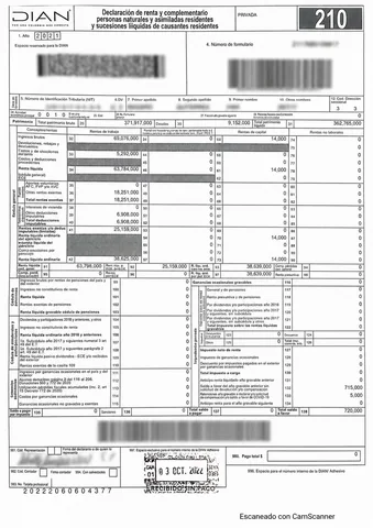 Informe tributario colombiano anonimizado, página 1.