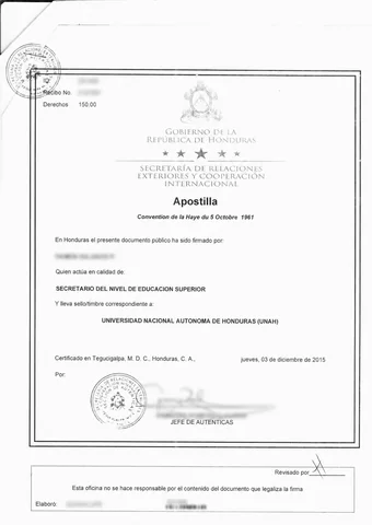 Apostilla hondureña anonimizada, página 1.