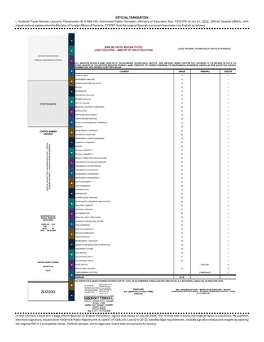 Traducción al inglés de certificado académico mexicano, página 1.