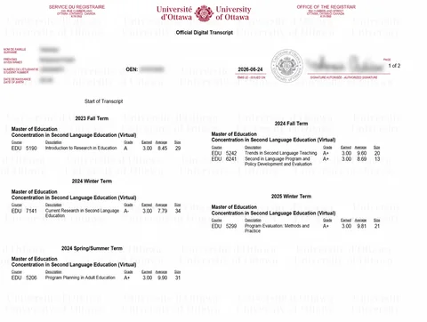 Certificado académico de la Universidad de Ottawa anonimizado, página 1.