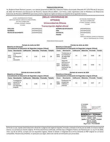 Traducción al español de certificado académico de la Universidad de Ottawa, página 1.