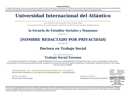 Traducción al español de diploma universitario estadounidense, página 1.